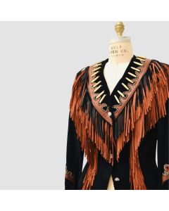 Black Studded Fringe Leather Jacket Western Cowboy Girls - Jacket Tailor