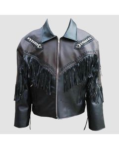 Black Leather Native American Western Cowboy Fringe Jacket - Jacket Tailor