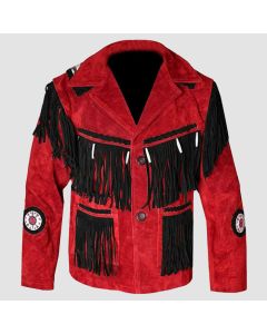 Suede Western Cowboy Leather Jacket With Fringe Red & Black - Jacket Tailor