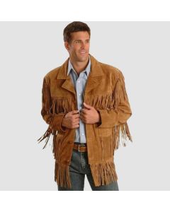 Men Tan Brown Suede Leather Jacket Fringed & Buttons - Jacket Tailor