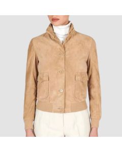 Fathy Beige Suede Leather Bomber Jacket With Buttons