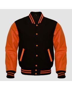 Orange Leather Sleeves Baseball Bomber Style Vintage Jacket - Jacket Tailor
