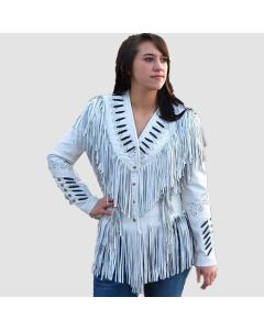 Women's White Fringed Suede Leather Jacket - Jacket Tailor