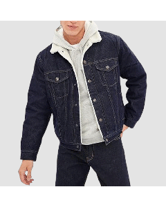 Dark Blue Denim Jacket With Warm Fleece Collar  Men Casual Outerwear-Jacket Tailor