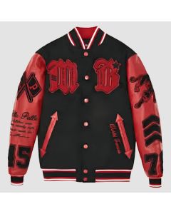 Rote Und Schwarze Letterman-jacke Für Herren Mit Gestickten Aufnähern