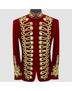 Men Braided Red Velvet Jacket Military Gold Braided Jacket Hussar - Jacket Tailor