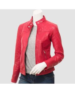 Women’s Quilted Shoulder Red Café Racer Leather Jacket