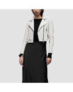 Women’s White Cropped Leather Biker Jacket