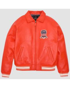 Mens Avirex Leather Real cowhide leather Bomber American Jacket Orange With Embroidery Patches USA custom 1975 Gift for Men