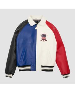 Icon Leather Jacket, Jacket In Blue And White Color With Red & Black Sleeves, Military Bomber Jacket USA Edition