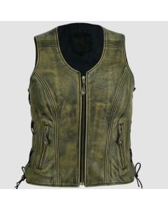 Womens Zippered Distressed Brown Classic Motorcycle Leather Vest With Side Laces