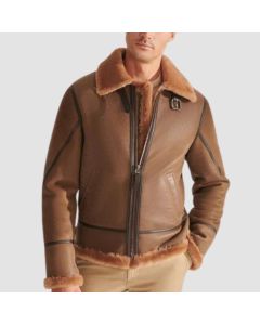 Men Camel Brown B3 Shearling Pilot Aviator Leather Jacket
