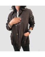 Brown women's jacket with a fashionable leather fringe jacket - Jacket Tailor