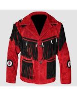 Suede Western Cowboy Leather Jacket With Fringe Red & Black - Jacket Tailor