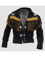 Black Western Suede Leather Cowboy Style Yellow Fringe Jacket - Jacket Tailor