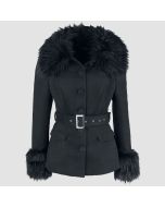 Black Faux Coat with Plunging Fur Collar and Cuffs
