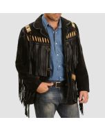 Traditional Western Leather Jacket With Fringe Bone and Beads - Jacket Tailor